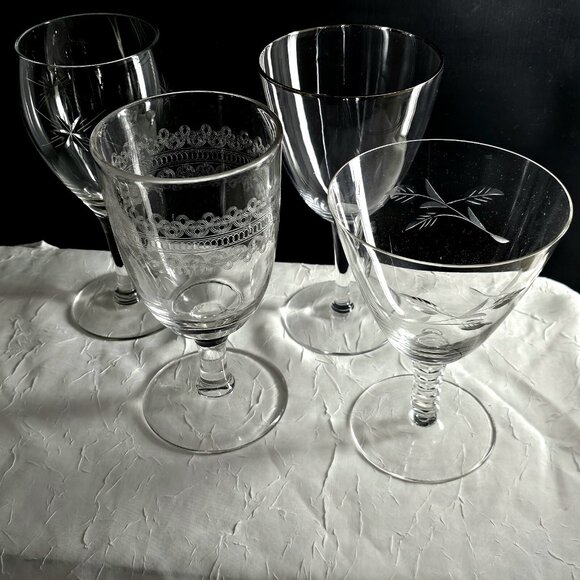 Mismatched Wine Cocktail Glasses set/4 vtg mixed silver rim etch glassware party - Picture 3 of 10